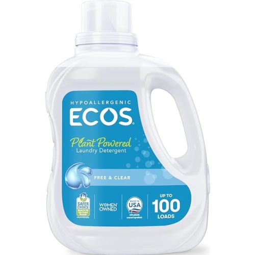 ECOS Laundry Detergent Liquid, 100 Loads - Dermatologist Tested Laundry Soap - Hypoallergenic, EPA Safer Choice Certified, Plant-Powered - Free & Clear, 100 Fl Oz