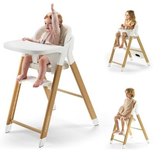 Tinyiota High Chair for Babies and Toddlers, 8-Level Adjustable Foldable Convertible Baby Highchair with Removable Tray, Ergonomic Feeding Chair Transitions from Infant to Adult, Wood-Look Metal