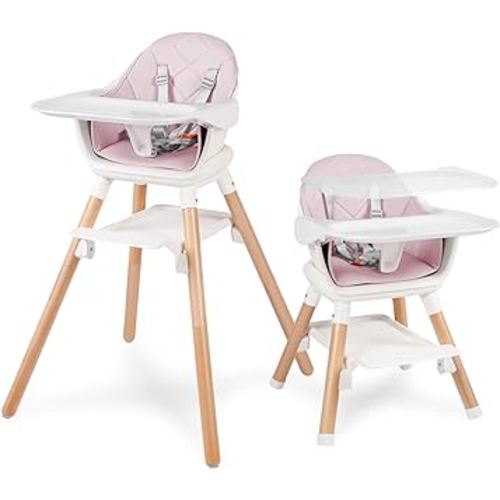 Baby High Chair, 6 in 1 Convertible Wooden High Chairs for Babies and Toddlers, Baby HighChair with Dishwasher Safe Double Removable Tray, Adjustable Footrest & Machine Washable Cushion