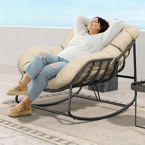 Fancyango Oversized Egg Rocking Chair for Indoor/Outdoor – All-Weather Wicker Rattan Lounge Chair with Cushion, Patio Rocker for Porch, Garden, or Balcony (Beige, 37''Dx37.4''Wx31.5''H)