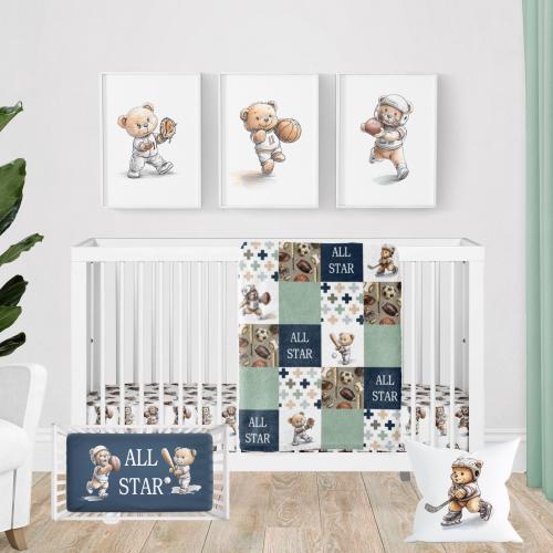 Sports Crib Bedding Set – Baby Boy Sports Nursery, Football Baseball Basketball Baby Bedding, Personalized Crib Set, Baby Shower Gift