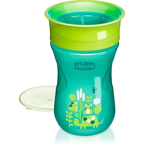 Chicco 360° Spoutless Rim-Trainer with Removable Transparent Membrane | Spill-Resistant | Top-Rack Dishwasher Safe | Open-Cup Training | Easy to Hold with Ergonomic Indents | Green | 9+ Months