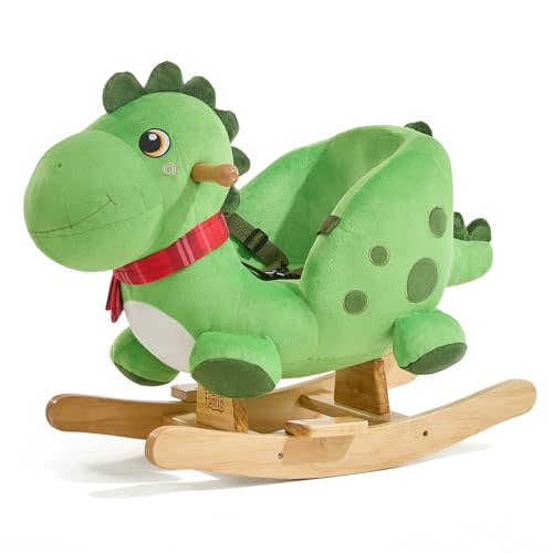 FUNLIO Dino Rocking Horse for Toddlers 1-3 Years, Premium Green Plush Rocking Dino with Soft Spikes, Big Eyes & Lovely Smile, Vibrant Colors & Realistic Scales, Easy to Assemble, CPC & CE Certified