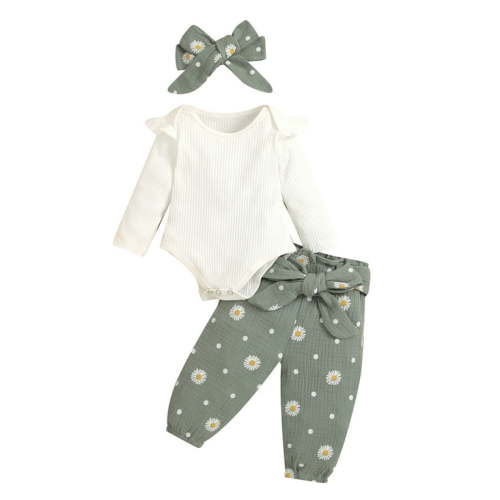 Bagilaanoe 3pcs Newborn Baby Girls Long Pants Set 6M 9M 12M 18M 24M Long Sleeve Ribbed Snap Romper Tops Floral Trousers with Belt Headband