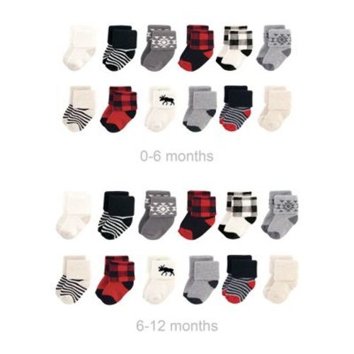 Hudson Baby Infant Boy Grow with Me Cotton Terry Socks, Buffalo Plaid Moose, 0-6 and 6-12 Months