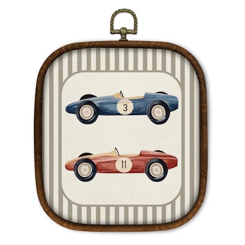 WULQYING Vintage Race Car Nursery Wall Art Decor, Retro Boys Room Square Framed Canvas Art Prints, Racing Gift for Boys Wall Hanging Decor for Home Kids Playroom Boy Bedroom, 5.7x6.5 Inches