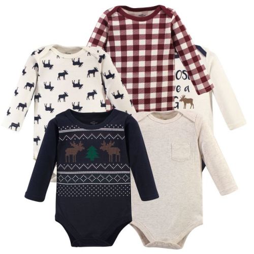 Luvable Friends Little Treasure Long-Sleeve Bodysuits 5pk, Forest Moose Sweater, 6-9M