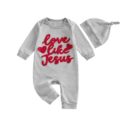 Newborn Boy Stripe Romper Letter Embroidery Round Neck Jumpsuit with Hat | Infant Baby Spring Summer Fall Winter Clothes Set,Very suitable as a holiday gift newborns