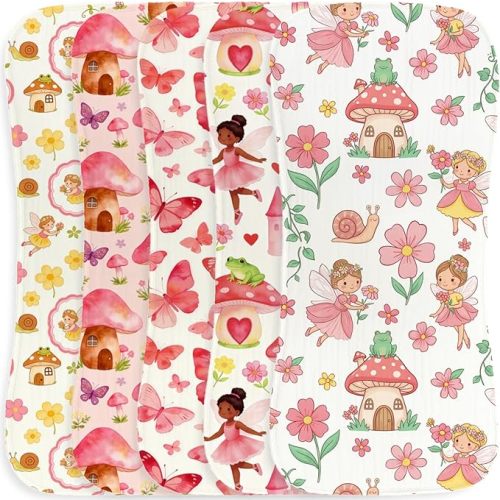 5pcs Fairy Burp Cloths for Baby Girls Parent,100% Cotton Sweet Fairy Tale Princess Muslin Baby Burping Cloths,Magical Garden Woodland Butterfly Fairy Newborn Essentials Set