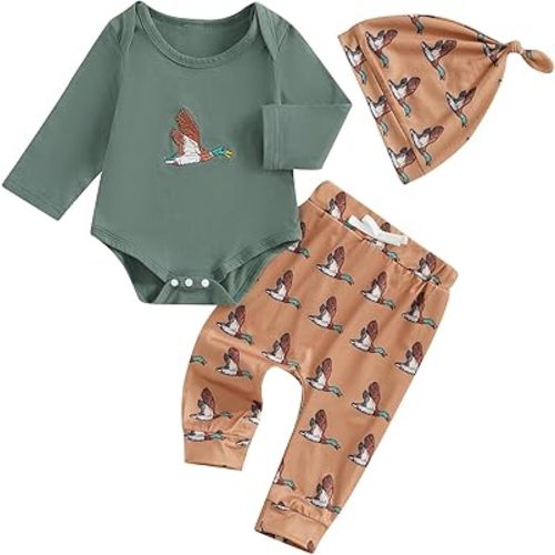 Newborn Baby Boy Hunting Clothes Mallard Duck Embroidery Romper Bodysuit Long Pants Hat Set Fall Winter Outfits