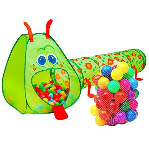 Kiddey Caterpillar Kids Play Tunnel and Tent with 50 Balls 2 Pc. Crawl Through Baby Ball Pit Pop up for Toddler and Babies, Indoor & Outdoor Jungle Gym Party Gift | Crawling Tunnels & Tents