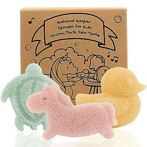myHomeBody Konjac Baby Sponge for Bathing, Cute Shapes Natural Kids Bath loofah for Infants, Toddler, Newborns, Safe Plant-Based, 3pc. Set: Unicorn, Duck, Sea Turtle