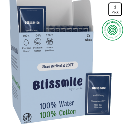 Blissmile Sensitive Wipes - 100% Water & Cotton - Unscented - Travel Size & Individually Wrapped
