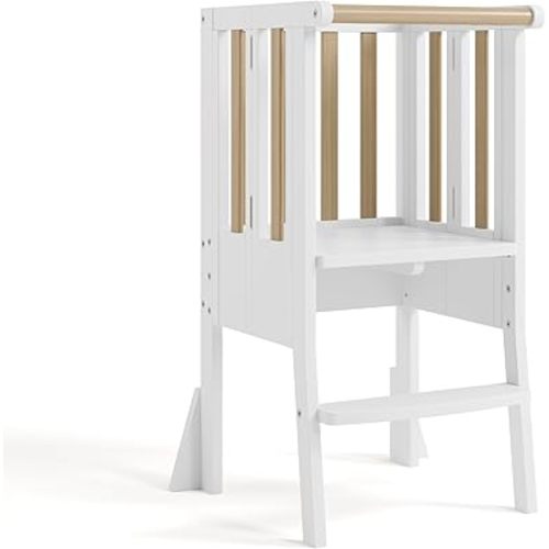 Storkcraft Toddler Standing Tower Kitchen Step Stool (White/Driftwood) - GREENGUARD Gold Certified, Solid Wood Quality Craftsmanship, Folding Toddler Tower, Kids Montessori Step Stool