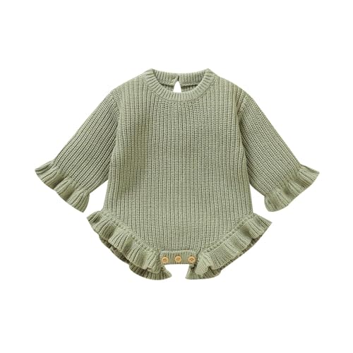 Cotton Baby Girl Knit Sweater Ruffle Romper | Crew Neck Pullover Outfit for Infant Girl, Jumpsuit for Newborn Comming Home Gift