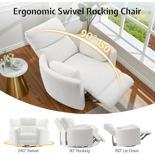 Jocisland Power Recliner Nursery Chair/Teddy Swivel Rocking, White | Electric Swivel Rocking Glider,USB & Type-C Charge,Armchair with 2 Pillows,Reclining Sofa, Living Room,Bedroom