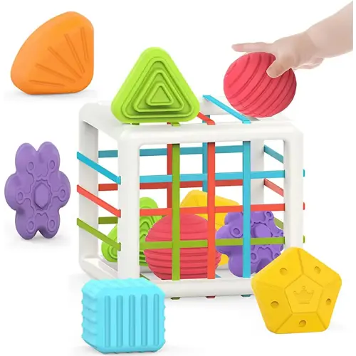 MINGKIDS Montessori Toys for 1 Year Old,Baby Sorter Toy Colorful Cube and 6 Pcs Multi Sensory Shape, Toddler Developmental Learning Toys Birthday Gifts,Baby Toys 6-12-18 Months