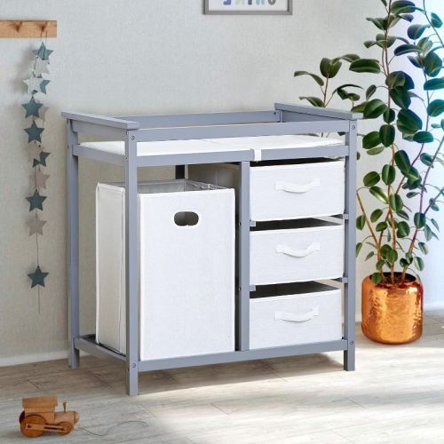 Wooden Baby Changing Table, Baby Changing Station Dresser with Laundry Hamper, Diaper Changing Table, 3 Drawer Basket for Baby Newborn Infant, Gray