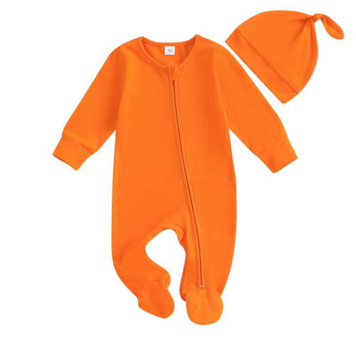 Odeerbi 0-6 Months Infant Boys Girls Cotton Romper with Hat Set Children's Solid Color Round Neck Long Sleeve Jumpsuit Infant Boys Girls Clothes