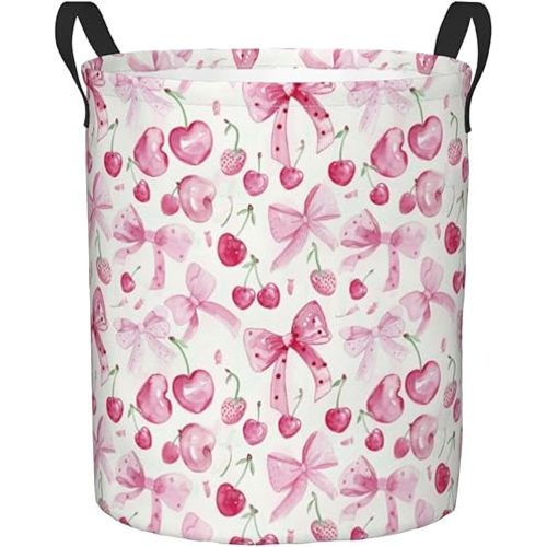 Delerain Pink Bows Cherries Laundry Basket, Waterproof Laundry Hamper with Handles, Collapsible Toy Bins Dirty Clothes Round Storage Basket for Home Bathroom Office Nursery, 19.6X15.7(M)