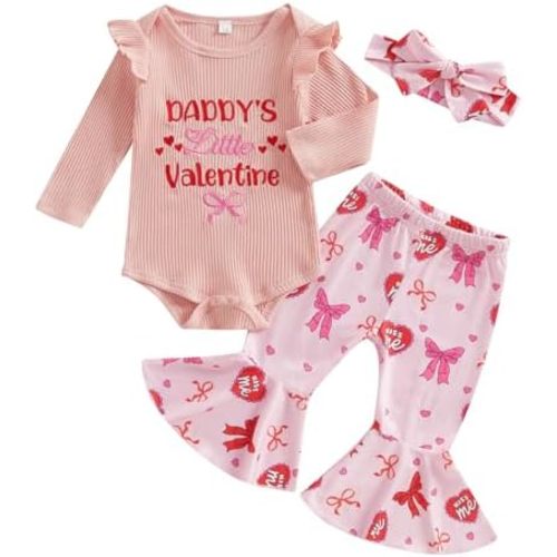 Newborn Baby Girl Valentines Outfit Daddy's Valentine Long Sleeve Romper Heart Bow Flare Pants Headband 3Pcs Set