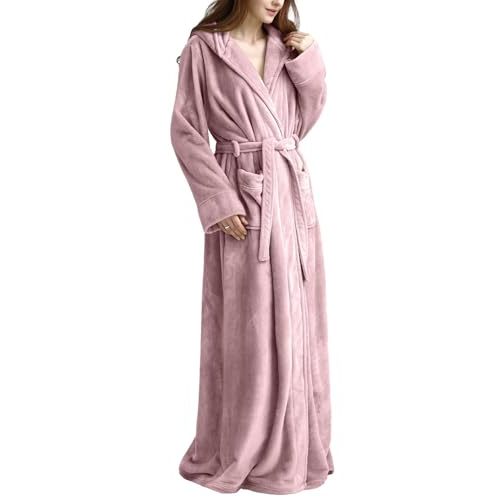 Flygo Womens Fluffy Plush Long Hooded Robe Full Length Fleece Bathrobe | Super Soft Cozy Thick Bath Robe, Luxury Premium Floor Length Flannel Robe with Pockets, Fuzzy Warm Shower Robe Housecoat