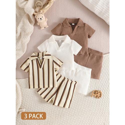 SHEIN 3pcs/Set Vintage Style Baby Boy Polo Collar Striped Knit Outfit, Waffle Texture Soft Comfortable Knit Fabric, Draping Stylish Design, Brown/White/Brown-White Stripe Short Sleeve Shirt And Shorts, Lightweight For Summer Outings
