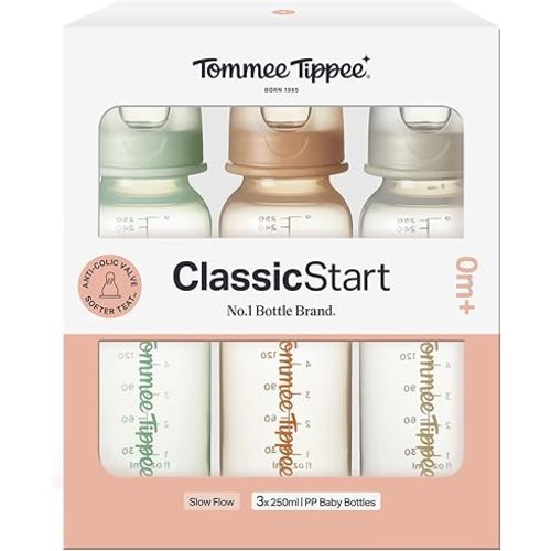 Tommee Tippee Classic Start Baby Bottles, 0m+, Silicone Slow Flow Teat, Anti-Colic Valve, Green/Brown/Grey, 250ml, Narrow Neck, 3 Pack, Dishwasher Safe