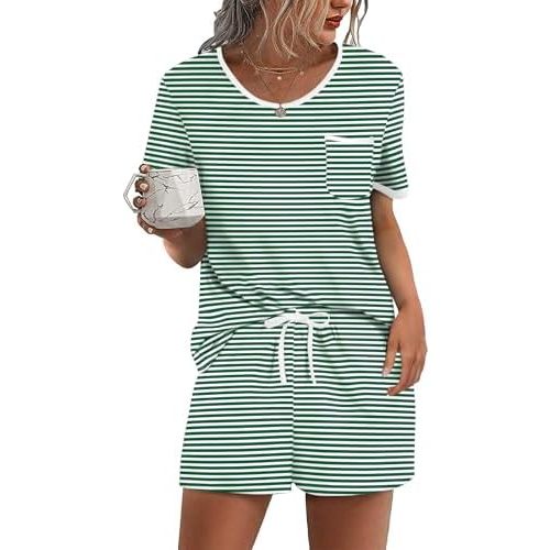 Ekouaer Pajama Set for Women 2 Piece Lounge Set Short Sleeve Tops and Shorts Soft Sleepwear, Chest Pocket