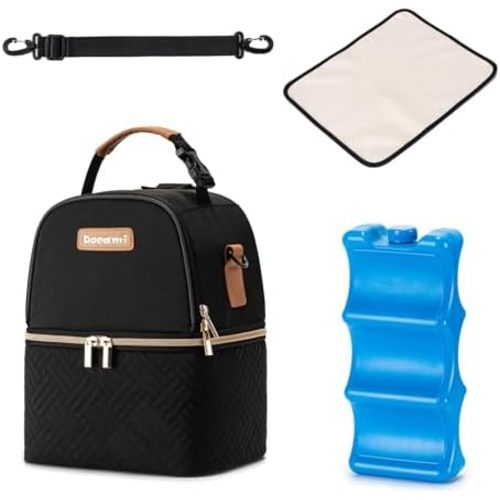 Docami Breastmilk Cooler Bag with Ice Pack & Mat Fit 6 Bottles Up to 9 Ounce, Breast Milk Pump Cooler Bag for Moms Daycare,Work&Travel, Black