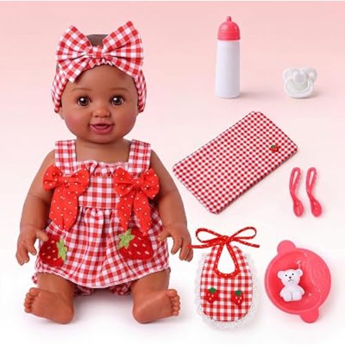 BABESIDE Black Baby Doll Girl, 15 Inch Full Vinyl Body Realistic Dolls | Movable Limbs, Cute Realistic Baby Dolls with Strawberry Outfit and Gift Box for Nurturing Play and Birthday Gifts for Kids