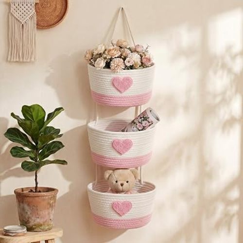3-tier Heart Theme Cotton Rope Hanging Basket Organizer, Wall Storage Bin with Hooks, Pink White over Door Decorative Nursery Closet Hanging Accessories