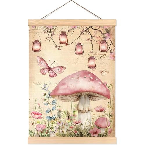 ROXMART Pink Mushroom Nursery Poster Hanger Frame, Pink Cottagecore Mushroom Butterfly Wall Art Prints Decor for Baby Shower Nursery Toddler Girls Room, 12x16 Inch