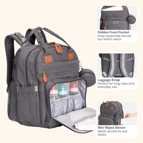 BabbleRoo Extra Large Diaper Bag Backpack, Expandable Baby Bag with Up to 50% More Capacity - Travel Essentials Baby Bag Tote with Changing Pad, Stroller Straps & Pacifier Case - Unisex, Dark Gray