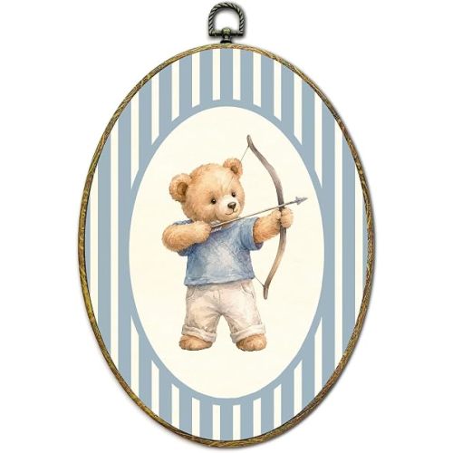Archery Bear Wall Art Decor, Rustic Oval Canvas Framed Prints