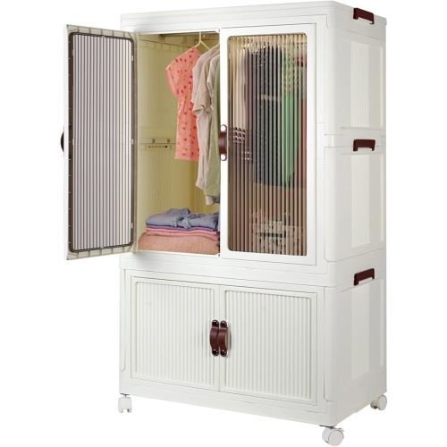 FozsKeylf Stackable Closet Storage Bins, Collapsible Clothes Organizers, Portable Wardrobe Closet with Lids and Doors, Movable Clothes Storage with Coat Hangers, White