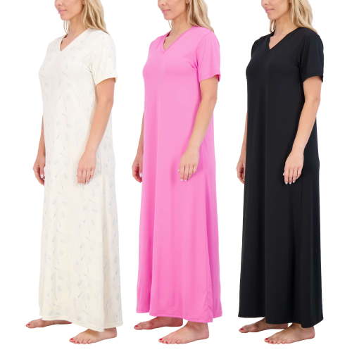 Real Essentials 3 Pack: Women's Soft Maxi Long Nightshirt Short Sleeve Soft Nightgown Sleep Dress (Available in Plus Size)