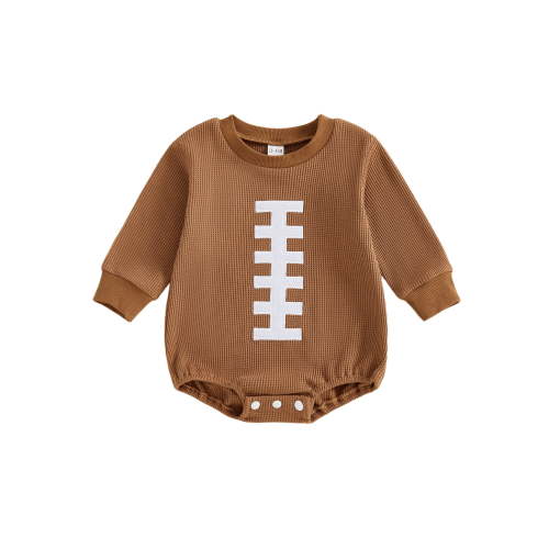 Spewahor Baby Fall Bubble Romper Football Print Long Sleeve Round Neck Waffle Jumpsuit for Boys and Girls