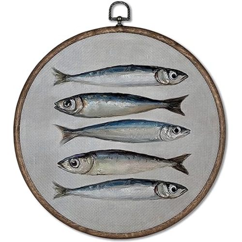 GWFSJYU Vintage Sardine Fish Framed Wall Art Decor, Nautical Sardines Round Canvas Prints Wall Art, Coastal fishes Hanging Decor for Beach House Kitchen, 10”x10”inch