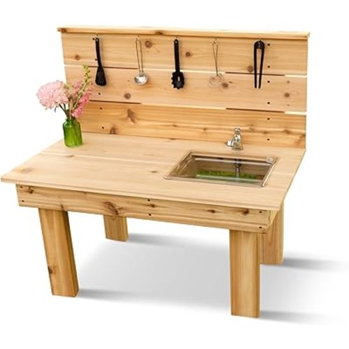 Noble Toys Mini Mud Kitchen for Kids, Pretend Play Toddler Table, Outdoor Playset, Real Wooden Kitchens with Functional Sink, with Running Water, Working Sink, Preschool Equipment