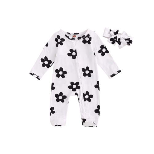 Canis Lovely Baby Girl 2Pcs Fall Outfits: Floral Print Zip Up Jumpsuit and Headband Ensemble