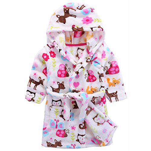 Girls Robes, Plush Soft Coral Fleece Animal Print Hooded Bathrobe for Kids Boys