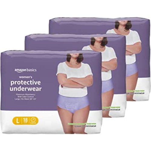 Amazon Basics Incontinence Underwear for Women, Protective, Disposable, Postpartum, Maximum Absorbency, Large, Lavender, 54 Count (3 Packs of 18)