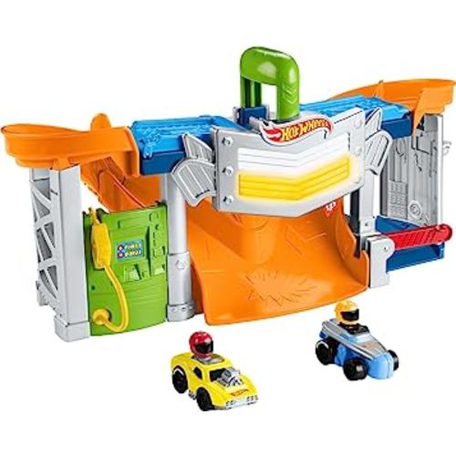Fisher-Price Little People Hot Wheels Toddler Toy Race and Go Track Set with Lights Sounds & 2 Cars for Pretend Play Kids Ages 18+ Months​
