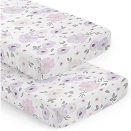 Sweet Jojo Designs 2-Piece Baby Crib Sheets Set (Purple/Grey Boho Floral) for Girls, Infant Nursery, Toddler Room - Standard Size (Lavender, Bohemian Flower, Rose, Farmhouse, Garden, Shabby Chic Pink)