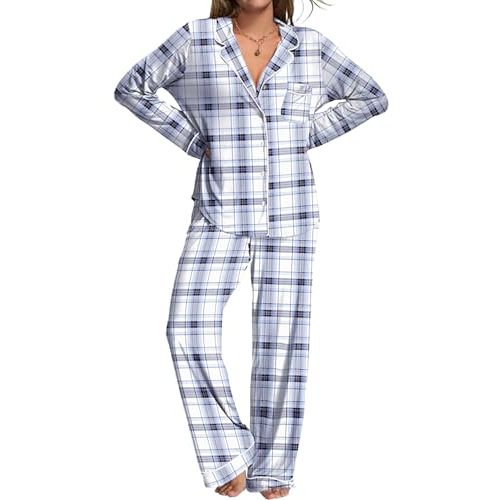 Ekouaer Womens Pajamas Set 2 Piece Button Down Pjs Soft Long Sleeve Top and Pants Sleepwear Set Lounge Sets