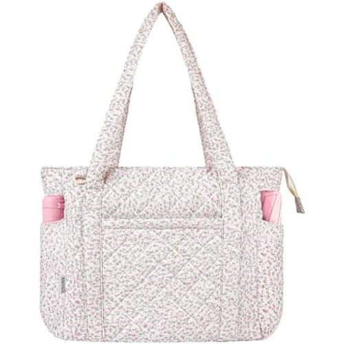 WOBAGMEN Quilted Tote Bag for Women, Floral Quilted Tote Bag with Zipper, Cute Shoulder Bag for Work, Travel, Gym