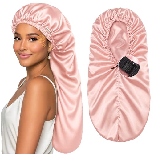 YANIBEST Satin Sleep Bonnet for Natural Hair - Extra Double Layer Long Adjustable Silk Hair Bonnet for Braids, Locs, Curls - Women’s Night Hair Protection Cap