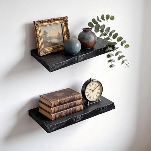 Black Live Edge Floating Shelves, 16"W x 6"D, Solid Wood, Set of 2