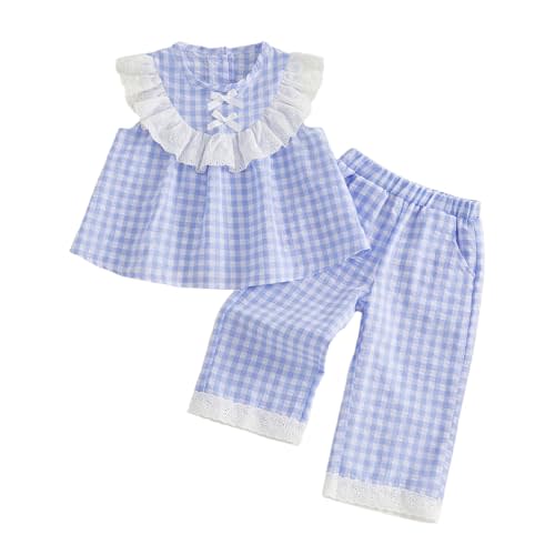 Thorn Tree Girls Summer Outfits Ruffle Sleeve Button Up Dress Tops Plaid Linen Pants Spring Toddler Girl Clothes